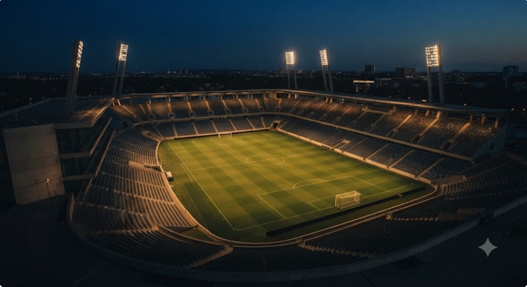 An empty floodlit stadium seen from above at night