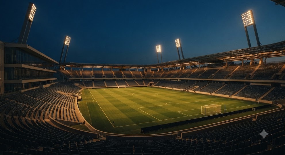An empty stadium at dusk under floodlights